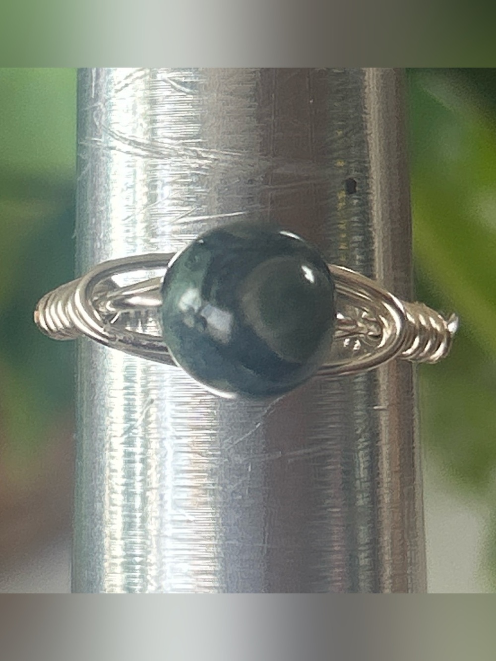 Handmade silver tone Kambaba jasper wire wrapped crystal ring size 7